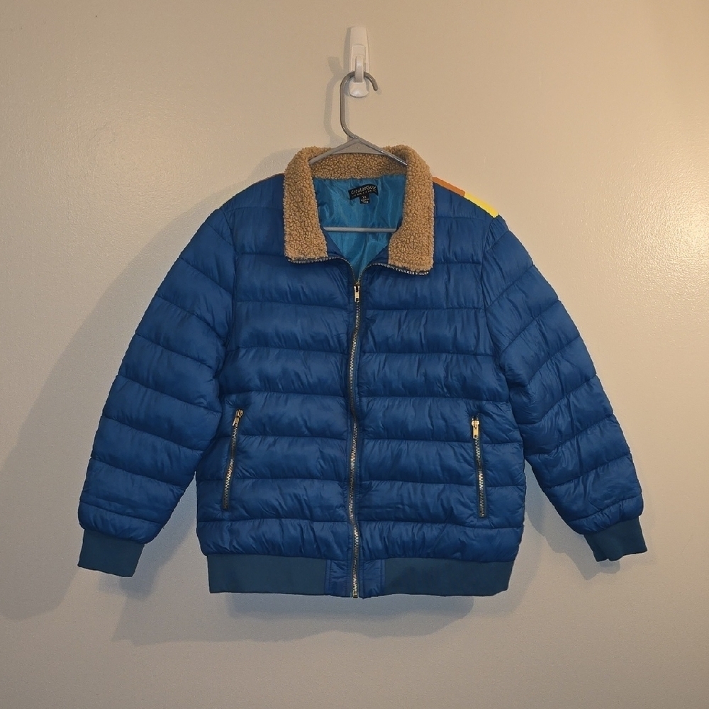 Blue Puffer Aviator Jacket with Sherpa Collar And Rainbow Sunrise On Back LOT HC
